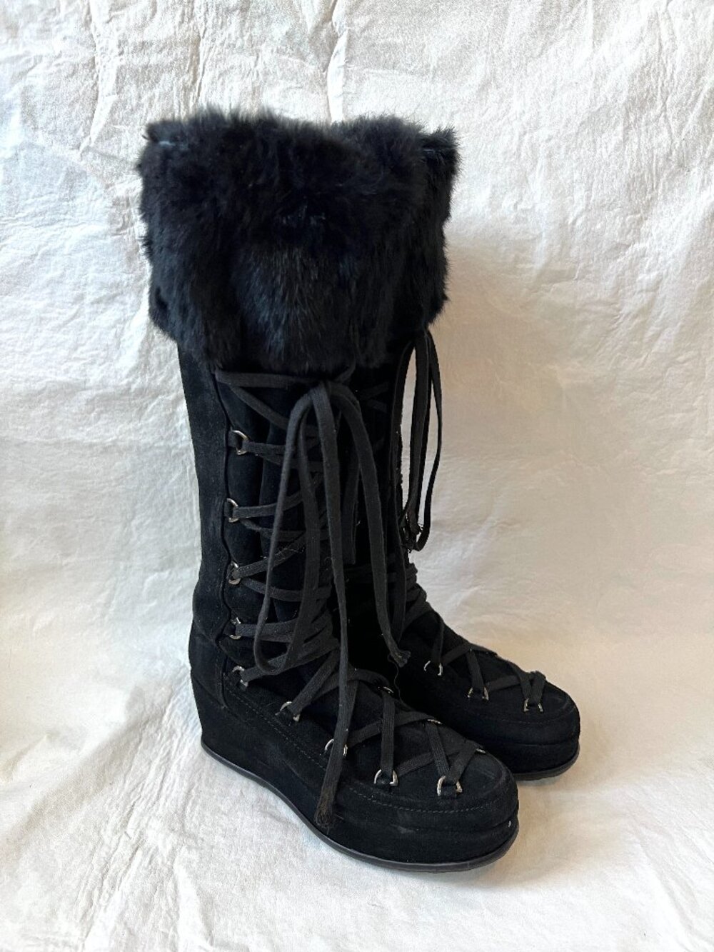 y2k Stuart Weitzman boots womens 8 black suede faux fur lace up platform tall